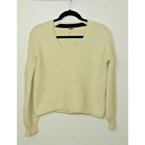 Free People Sweater Women Size Small Ivory Alpaca Blend V-Neck Oversized Cropped - Picture 6 of 8
